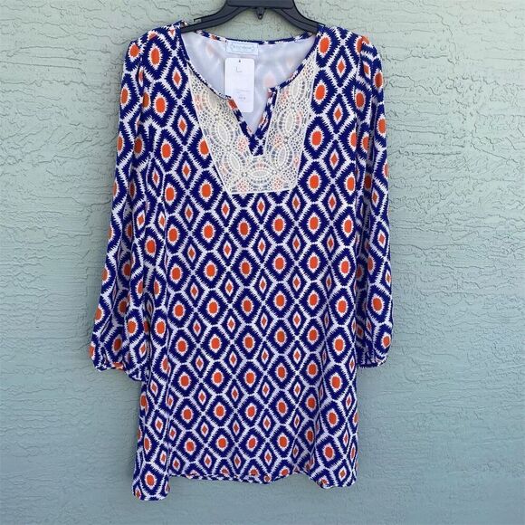 Women's Multicolor Geometric Tunic Dress L Knee Length Long Sleeve - Picture 1 of 10